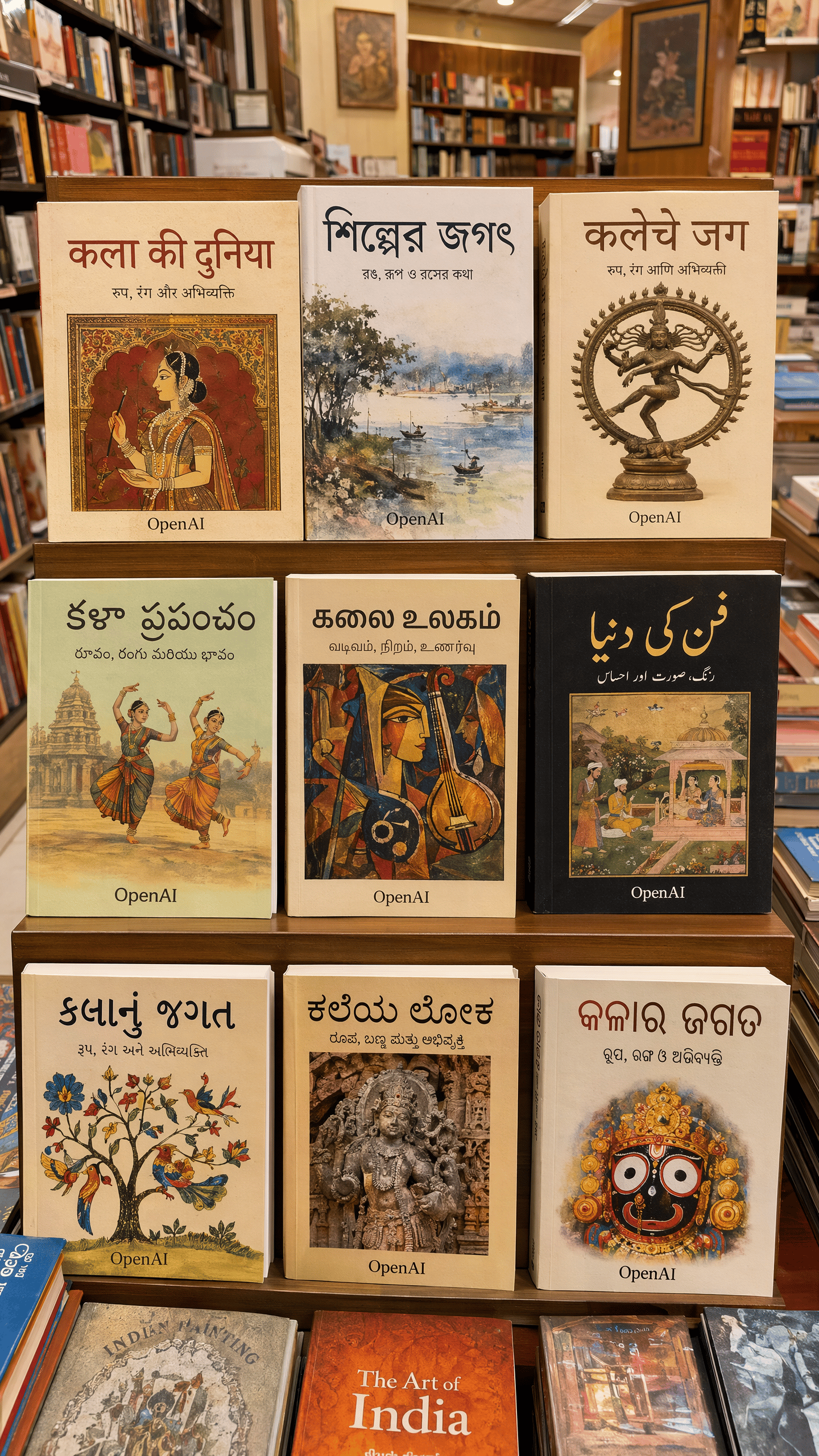 Generated with ChatGPT Images 2.0, this bookstore display features a curated collection of art books by OpenAI with covers written in multiple South Asian languages, each showcasing regional artwork, sculpture, dance, and cultural imagery on neatly arranged shelves.
